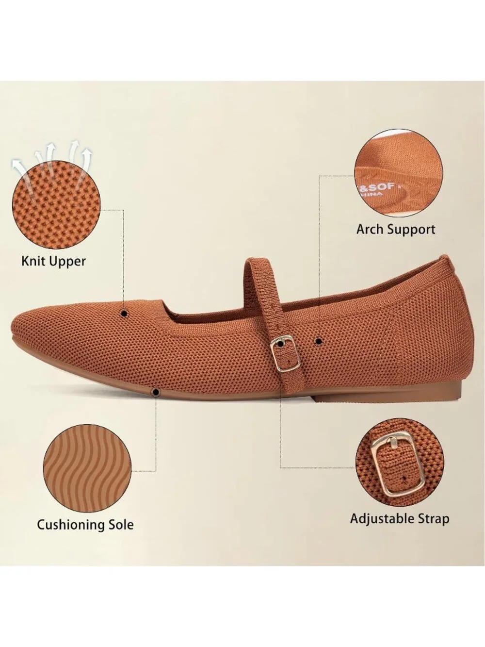 Women's Orange Rubber Knit Square Toe Ballet Flats With Strap Comfortable Shoes